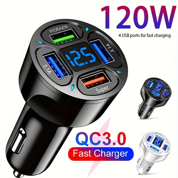 120W Car Charger Fast Charging 4 Usb Digital Display Car Fast Charger