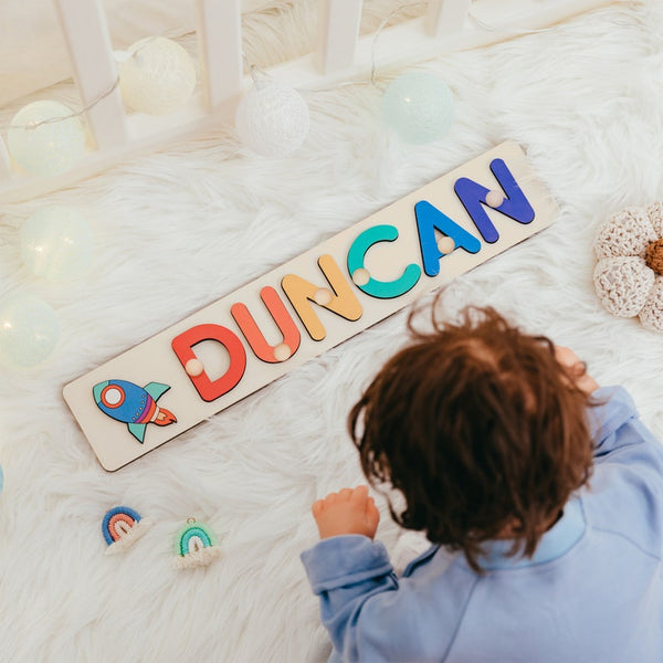 Personalized Baby Name Puzzle with Animals, Handmade Wooden, Custom Baby Girl and Boy Birthday Gift, Montessori Toys for One-Year-Old
