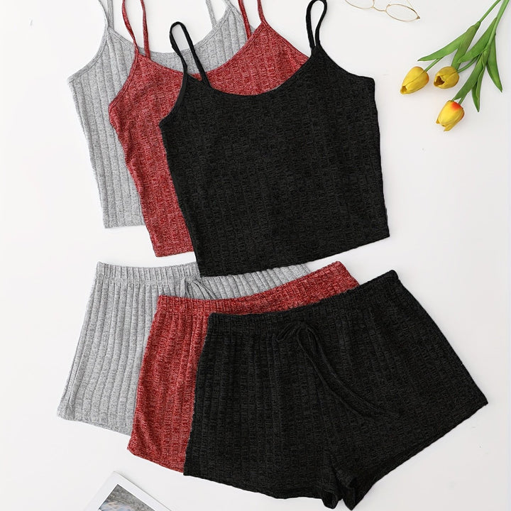 3 Sets Solid Pajama Set, Round Neck Cami Top & Lace-up Shorts, Women's Sleepwear & Loungewear - FOFOPO