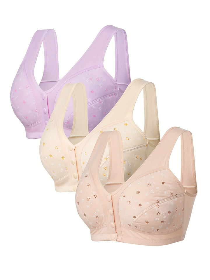 3 Pack Plus Women's Plus Floral Print Closure Front Comfort Bralette - FOFOPO