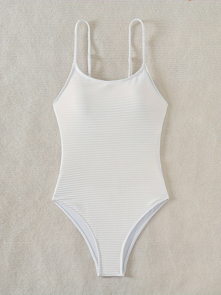 Plain Textured Fabric One-piece Swimsuit, Round Neck High Cut Bathing Suits - FOFOPO