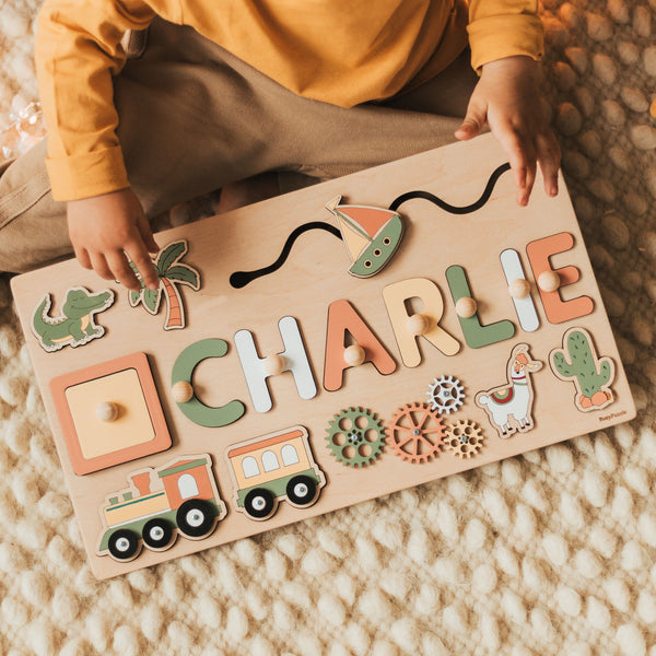 Personalized Baby Name Puzzle with Animals, Handmade Wooden, Custom Baby Girl and Boy Birthday Gift, Montessori Toys for One-Year-Old