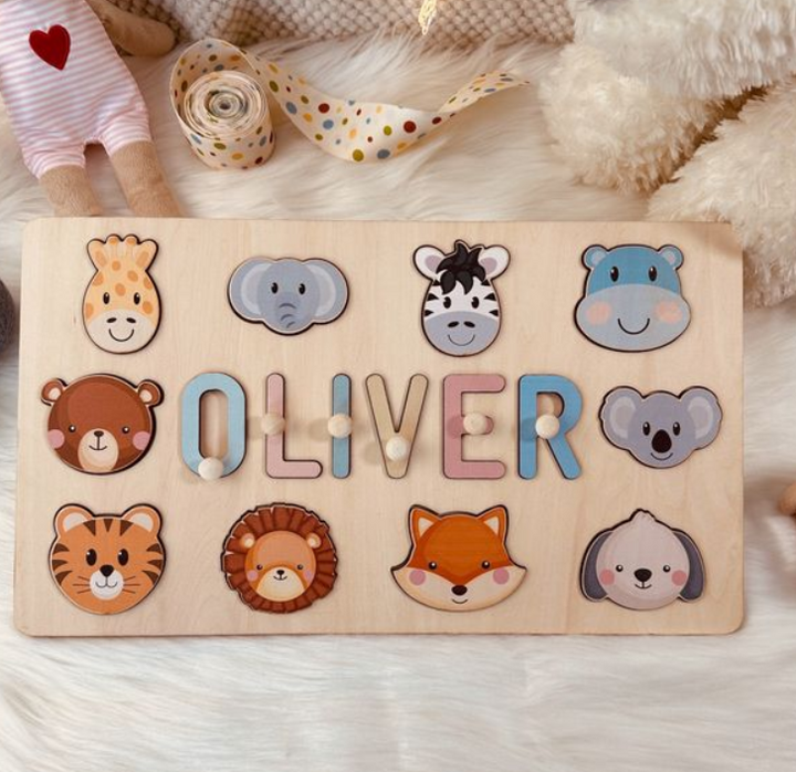 Personalized Baby Name Puzzle with Animals, Handmade Wooden, Custom Baby Girl and Boy Birthday Gift, Montessori Toys for One-Year-Old - FOFOPO