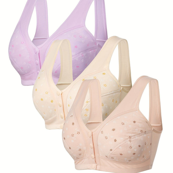 3 Pack Plus Women's Plus Floral Print Closure Front Comfort Bralette - FOFOPO