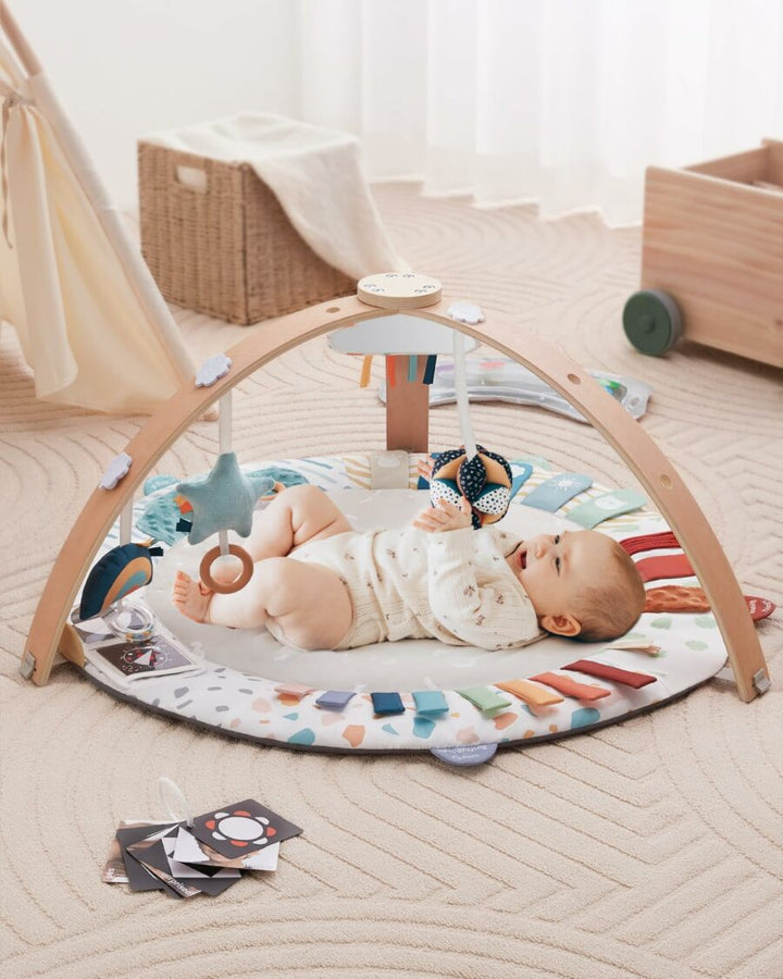 5-in-1 Baby Play Gym & Tummy Time Mat with Wooden Frame & Sensory Toys for Motor Skill Development - FOFOPO