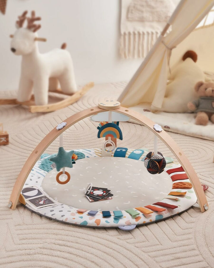 5-in-1 Baby Play Gym & Tummy Time Mat with Wooden Frame & Sensory Toys for Motor Skill Development - FOFOPO