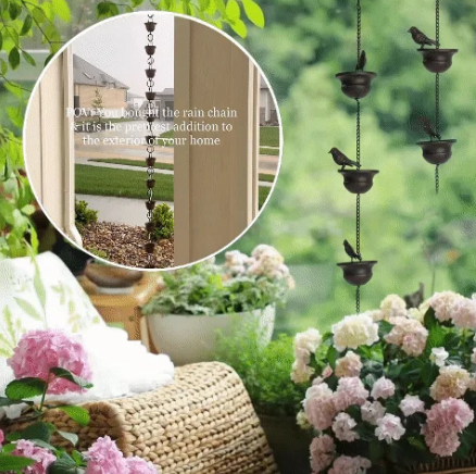 Where Rain Meets Art – Decorative Rain Chain with Bird Bath Design