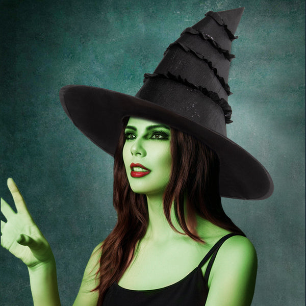 New Halloween Black Witch Hat with Ruffled Lace Trim Unique Dark Witch Hat