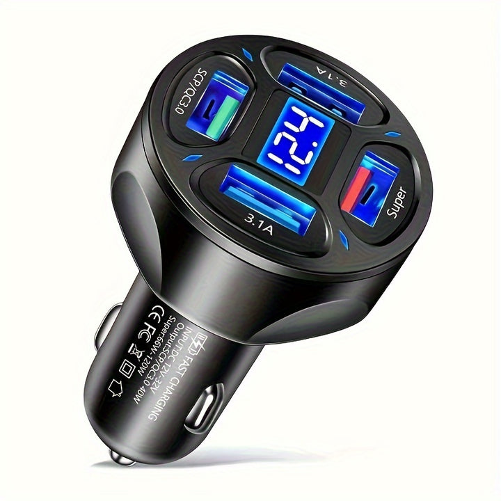 120W Car Charger Fast Charging 4 Usb Digital Display Car Fast Charger - FOFOPO