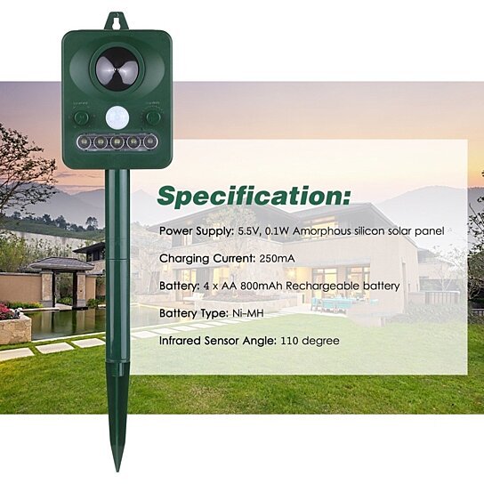 Solar Ultrasonic Pest Repeller Outdoor Animal with Sound Motion Sensor and Flashing Light - FOFOPO