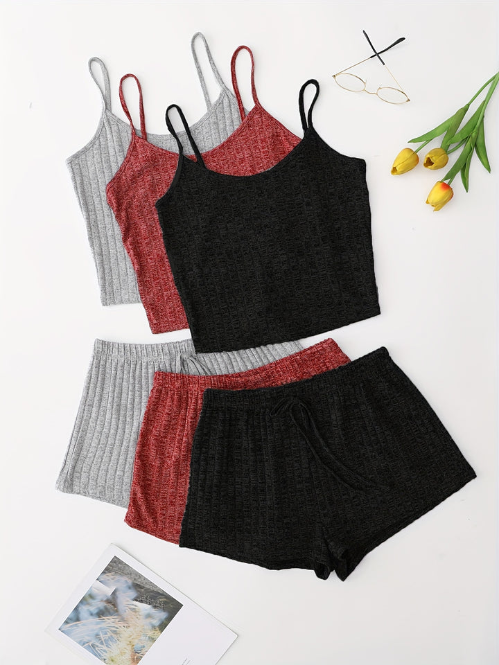 3 Sets Solid Pajama Set, Round Neck Cami Top & Lace-up Shorts, Women's Sleepwear & Loungewear - FOFOPO