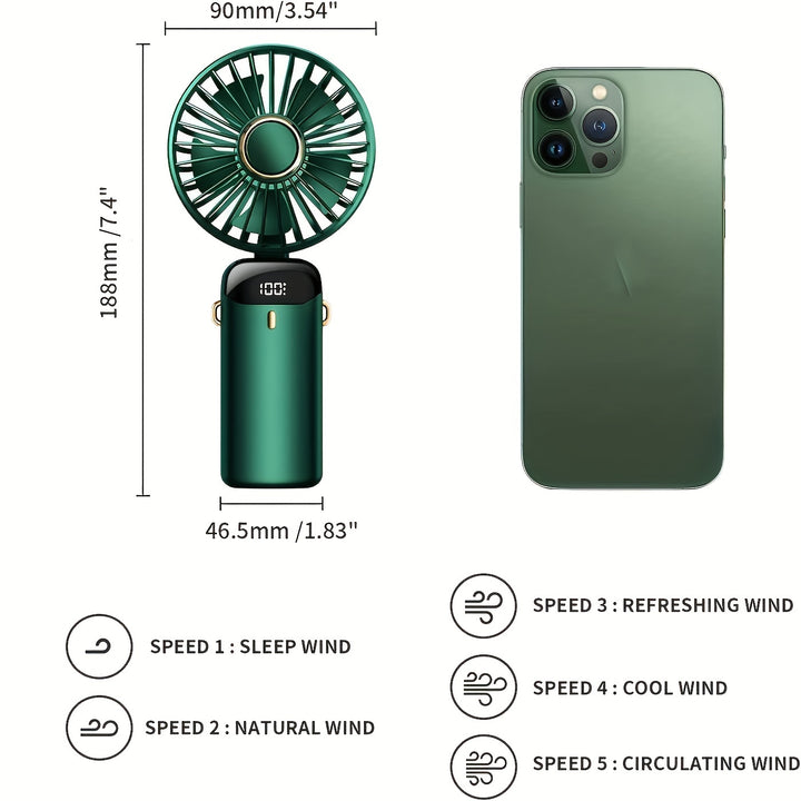 Mini Portable Handheld USB Rechargeable With 5 Speeds 90° Foldable Battery Operated Mini Fan With LED Display - FOFOPO