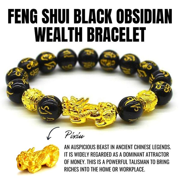 Feng Shui Black Obsidian Wealth Bracelet – Pixiu, Wealth, Buddha - FOFOPO