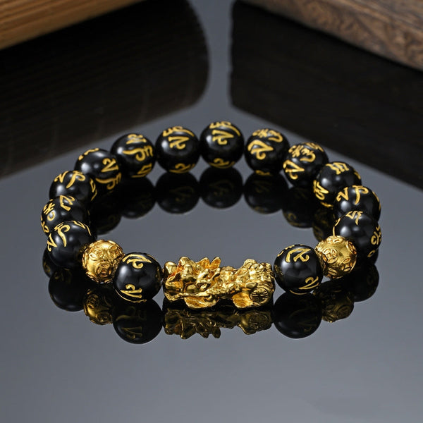 Feng Shui Pi Xiu Obsidian Bracelet with Mantra for Wealth