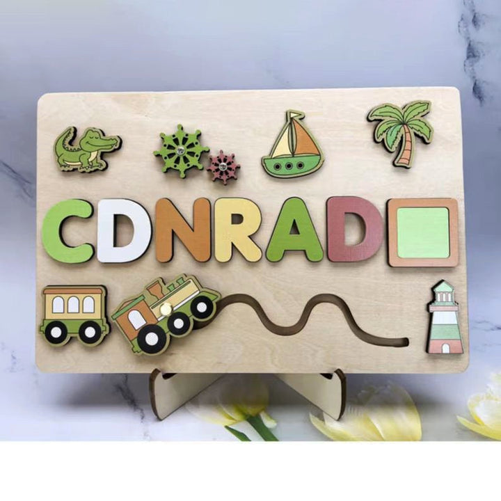 Personalized Name Letter Puzzle Board, Custom Wooden Animals Toys For Kids, Educational Wooden Toys with Animals and Shaps, Kids Present - FOFOPO