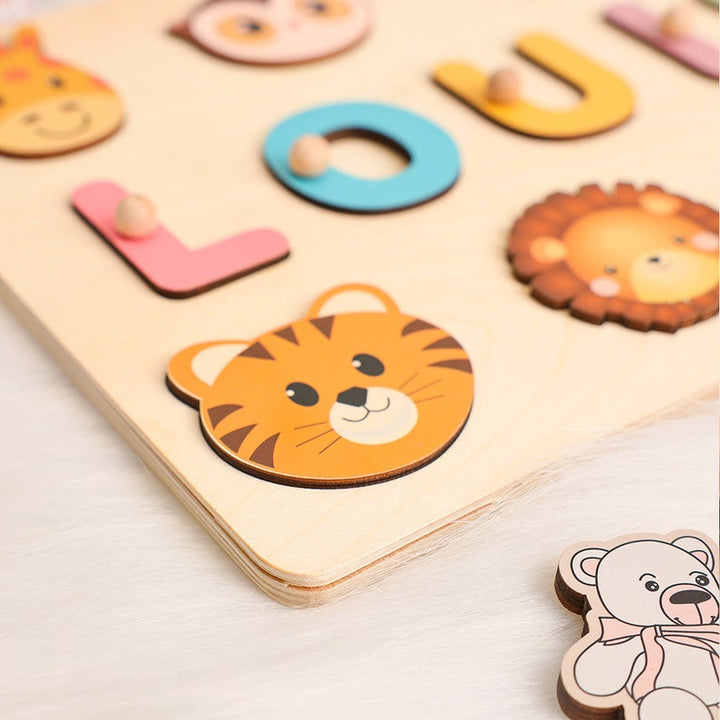 Personalized Baby Name Puzzle with Animals, Handmade Wooden, Custom Baby Girl and Boy Birthday Gift, Montessori Toys for One-Year-Old - FOFOPO