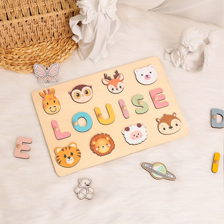 Personalized Baby Name Puzzle with Animals, Handmade Wooden, Custom Baby Girl and Boy Birthday Gift, Montessori Toys for One-Year-Old - FOFOPO