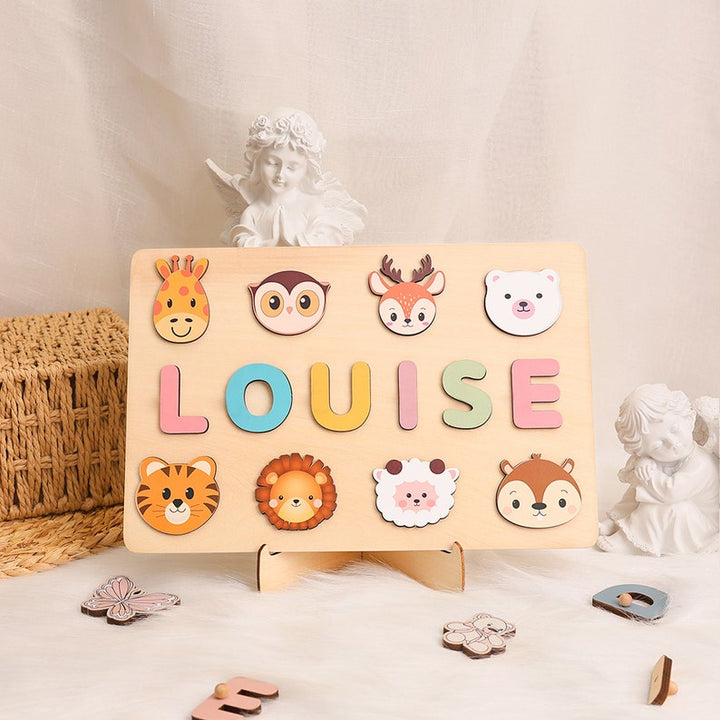 Personalized Baby Name Puzzle with Animals, Handmade Wooden, Custom Baby Girl and Boy Birthday Gift, Montessori Toys for One-Year-Old - FOFOPO