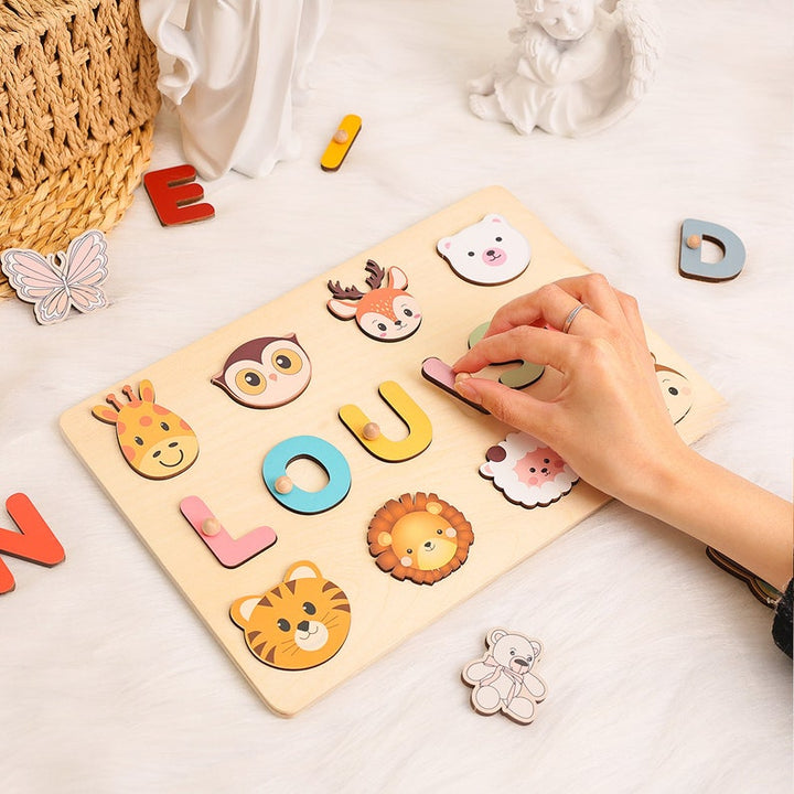 Personalized Baby Name Puzzle with Animals, Handmade Wooden, Custom Baby Girl and Boy Birthday Gift, Montessori Toys for One-Year-Old - FOFOPO