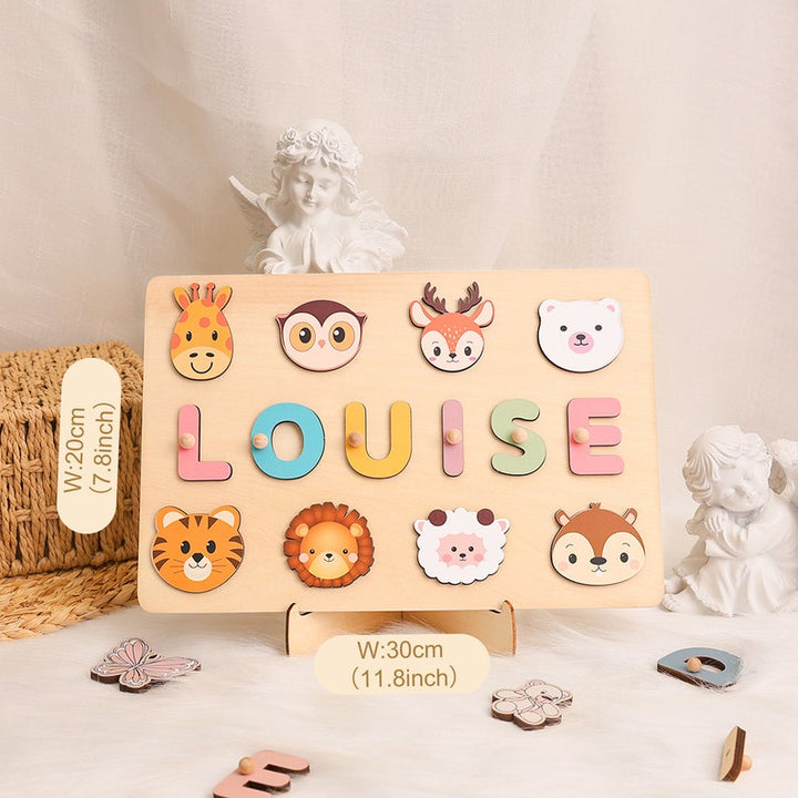 Personalized Baby Name Puzzle with Animals, Handmade Wooden, Custom Baby Girl and Boy Birthday Gift, Montessori Toys for One-Year-Old - FOFOPO