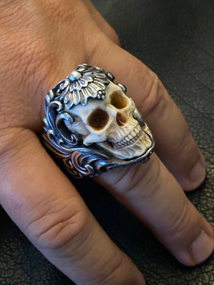 💀Vintage Polish Floral Armor Antler Skull Ring - FOFOPO