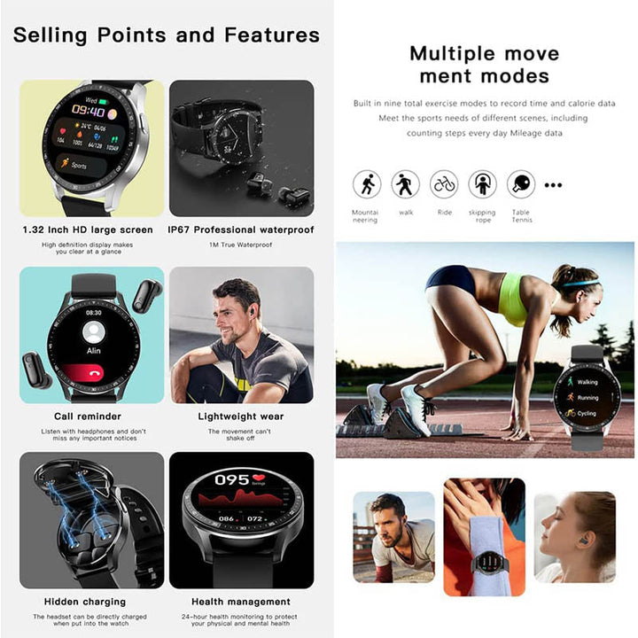 Waterproof Smart Sports Watch with Integrated Earphone - Versatile Fitness Companion for Android & IOS Users, Ideal for Active Lifestyles - FOFOPO