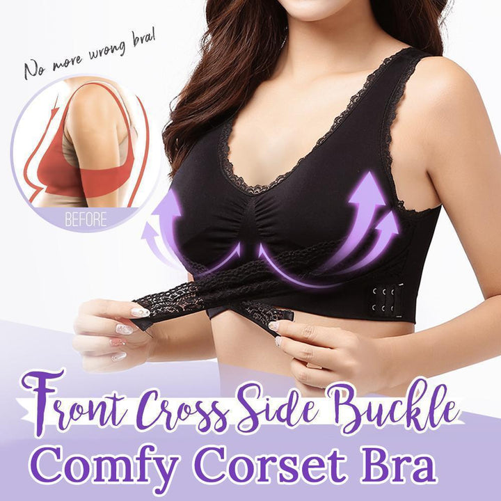 Comfy Corset Bra - Front Cross Side Buckle Wireless Lace Bra - FOFOPO