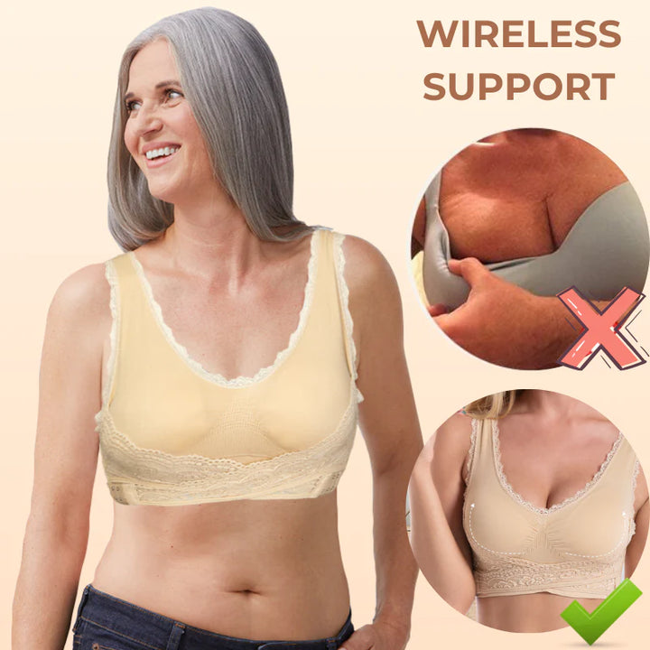 Seamless Lift Bra With Front Cross Side Buckle Magic Wireless Sports Bra Sexy V-Neck Lace Bralette - FOFOPO